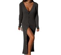 Vestido de punto acanalado de manga larga con cuello en V profundo para mujer, casual, elegante, cuello de solapa, vestido midi de punto ajustado para uso diario de otoño, Negro, M