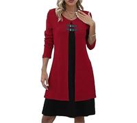 Vestido de punto acanalado para mujer, manga larga, falda acampanada, con doble hebilla, imitación de aspecto de dos piezas., rojo oscuro, XXL