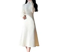 Vestido de punto casual midi de cuello alto para mujer, vestidos plisados de línea A de otoño e invierno, vestido color albaricoque, talla M