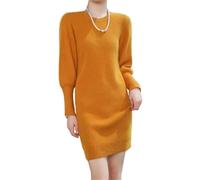 Vestido de punto de cachemira de visón para mujer, cuello redondo, para invierno, estilo simple, largo, sin botones, Cúrcuma, M