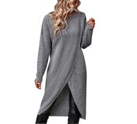 Vestido de punto de gran tamaño con cuello redondo, mangas largas y abertura asimétrica para comodidad de invierno, gris, XL