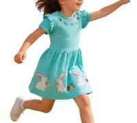 Vestido de Punto de Manga Corta para niñas, Adorable Estampado de Conejos, Cuello Redondo, Cintura elástica, Ideal para climas cálidos, Suave y Transpirable, Tallas 2-8.