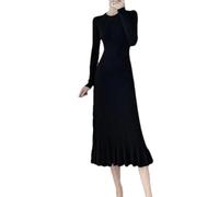 Vestido de punto midi de manga larga con cuello en O para mujer, otoño invierno, vestidos suéter pullover de línea A, Negro, L