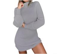 Vestido de punto para mujer, manga larga, cuello alto, elástico, bodycon para invierno, cálido, para fiestas, vacaciones, longitud regular, blanco, caqui, rojo vino, gris, azul oscuro y negro (L Grey)