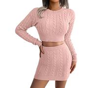 Vestido de punto para mujer, traje de dos piezas, cuello redondo, parte superior y mini falda de punto, falda lápiz elástica, bodycon 2 piezas, vestido de suéter monocolor, manga larga, suéter corto