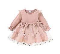 Vestido de punto para niña con volantes, manga larga, vestido de fiesta, boda, bautizo, con lazo y encaje floral, capa de tul, 2 años, conjunto de ropa para bebé, rojo, 3-6 Meses