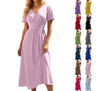 Vestido De Rodilla Mujer Verano Elegante Y Algodón Bordado Inglés Cuello En V Cintura Alta Cintura Curvada Liso Mangas Cortas Volantes Una Línea Vestido De Playa Casual Para Boda Jardín Bautismo