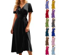 Vestido De Rodilla Mujer Verano Elegante Y Algodón Bordado Inglés Cuello En V Cintura Alta Cintura Curvada Liso Mangas Cortas Volantes Una Línea Vestido De Playa Casual Para Boda Jardín Bautismo
