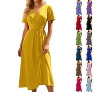 Vestido De Rodilla Mujer Verano Elegante Y Algodón Bordado Inglés Cuello En V Cintura Alta Cintura Curvada Liso Mangas Cortas Volantes Una Línea Vestido De Playa Casual Para Boda Jardín Bautismo
