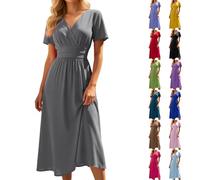 Vestido De Rodilla Mujer Verano Elegante Y Algodón Bordado Inglés Cuello En V Cintura Alta Cintura Curvada Liso Mangas Cortas Volantes Una Línea Vestido De Playa Casual Para Boda Jardín Bautismo