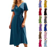Vestido De Rodilla Mujer Verano Elegante Y Algodón Bordado Inglés Cuello En V Cintura Alta Cintura Curvada Liso Mangas Cortas Volantes Una Línea Vestido De Playa Casual Para Boda Jardín Bautismo