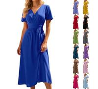 Vestido De Rodilla Mujer Verano Elegante Y Algodón Bordado Inglés Cuello En V Cintura Alta Cintura Curvada Liso Mangas Cortas Volantes Una Línea Vestido De Playa Casual Para Boda Jardín Bautismo