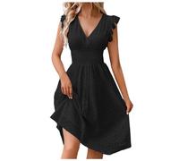 Vestido De Rodilla Mujer Verano Elegante Y Elegante Algodón Bordado Cuello En V Talle Alto Estilo Campestre Manga Corta Con Volantes Una Línea Vestido De Playa Casual Para Boda Jardín Bautismo Iglesia