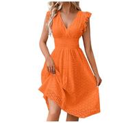 Vestido De Rodilla Mujer Verano Elegante Y Elegante Algodón Bordado Cuello En V Talle Alto Estilo Campestre Manga Corta Con Volantes Una Línea Vestido De Playa Casual Para Boda Jardín Bautismo Iglesia