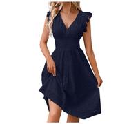 Vestido De Rodilla Mujer Verano Elegante Y Elegante Algodón Bordado Cuello En V Talle Alto Estilo Campestre Manga Corta Con Volantes Una Línea Vestido De Playa Casual Para Boda Jardín Bautismo Iglesia