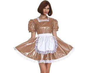Vestido De Sirvienta De Manga Corta Para Mujer, Vestido Retro De Sirvienta Lolita, Traje De PVC,Marrón Claro,XL