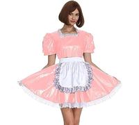Vestido De Sirvienta De Manga Corta Para Mujer, Vestido Retro De Sirvienta Lolita, Traje De PVC,Raíz De Loto Rosa,SG