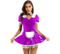 Vestido de sirvienta de PVC francés Sirvienta vestido de sirvienta delantal y anillo para el cuello, morado rosa, L