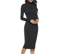 Vestido de suéter para mujer, cuello alto, acanalado, de manga larga, vestido de punto midi, Negro, 5XL