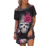 Vestido de Talla Grande Europeo y Americano, Falda de Manga Corta con Estampado de Calavera y Hombros Inclinados, Moderna y Sexy, para Mujer-Negro-L