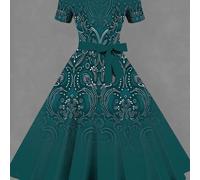 Vestido de talla grande para mujer de manga corta con cuello cuadrado y falda acampanada, estampado y de moda. un corte para las curvas del cuerpo, ideal para desplazamientos diarios y fiestas.