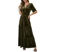 Vestido de terciopelo para mujer, manga corta, cuello en V, elegante, monocolor, vestido de cóctel, otoño, noche, fiesta, largo, línea A, con volantes, vestido de fiesta, formal, boda, invitado