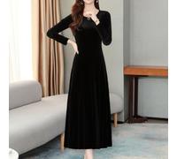 Vestido de terciopelo para mujer, manga larga, cuello redondo, elegante, longitud media, vestido de fiesta, festivo, monocolor, talla grande, negro, azul, rojo vino, M-6XL, negro