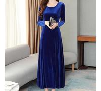 Vestido de terciopelo para mujer, manga larga, cuello redondo, elegante, longitud media, vestido de fiesta, festivo, monocolor, talla grande, negro, azul, rojo vino, M-6XL (6XL azul)