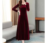 Vestido de terciopelo para mujer, manga larga, cuello redondo, elegante, vestido de fiesta de longitud media, color sólido, talla grande, negro, azul, rojo vino, M-6XL, rojo vino, M-6XL, rojo vino)