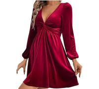 Vestido de terciopelo para mujer, vestido de manga larga, cuello en V profundo, elegante, con giro frontal, acampanado, vestido de fiesta de cóctel, traje de vacaciones, rosso, S