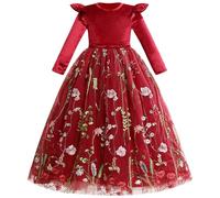Vestido de terciopelo para niñas de otoño e invierno, manga larga, bordado floral, vestido de tul de princesa, fiesta, cumpleaños, baile formal, rosso, 5-6 años