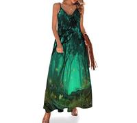 Vestido de Tirantes Largo Verano Mujer Bosque De Cuentos De Hadas De Luciérnagas Maxi Vestido Sin Mangas con Cuello en V Verde Fluorescente Vestidos de Playa Informal para la Playa y Vacaciones