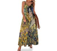 Vestido de Tirantes Largo Verano Mujer Mujeres Geométricas De Diversas Etnias Maxi Vestido Sin Mangas con Cuello en V Oro Vestidos de Playa Informal para la Playa y Vacaciones