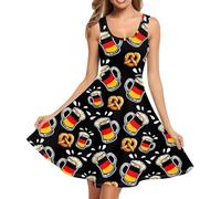 Vestido de tirantes para mujer, negro, diseño de tazas de cerveza y pretzels con colores de la bandera alemana, vestido corto para mujer, estampado divertido, vestidos Oktoberfest sin mangas, falda