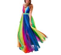 Vestido de Tirantes Primavera Verano Mujer Elegante Europeo Gasa Arcoíris Escote V Profundo Casual Vestidos Elegantes Talla Grande 2025