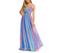 Vestido de Tirantes Primavera Verano Mujer Elegante Europeo Gasa Arcoíris Escote V Profundo Casual Vestidos Elegantes Talla Grande 2025