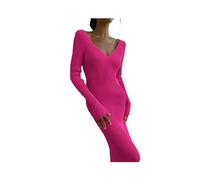 Vestido de Tubo a Media Pierna de Punto de otoño e Invierno para Mujer, Vestido Ajustado Informal de Manga Larga con Cuello en V y Espalda Descubierta