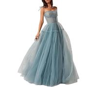 Vestido de tul con tirantes delgados, vestido de dama de honor, acampanado, sin espalda, vestido de fiesta de noche, Dusty Azul, XS