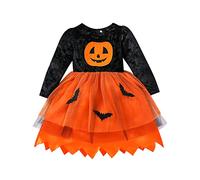 Vestido de Tul para Bebé Niña de Manga Larga con Diseño de Calabaza - Disfraz Halloween Tutú Patchwork para Fiesta, Carnaval y Cosplay (Naranja, 3-4 Años)