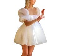 Vestido de tul para mujer, diseño de princesa, manga abombada, estilo de cuento de hadas, cuello cuadrado, elegante Hepburn, fiesta club, vestido corto, Blanco, M