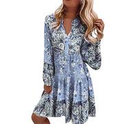Vestido de túnica bohemio para mujer, estilo étnico, estampado con borla, cuello de lazo, azul claro, XXL