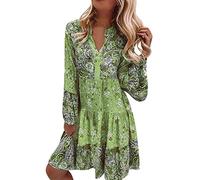 Vestido de túnica bohemio para mujer, estilo étnico, estampado con borla, cuello de lazo, verde, XL