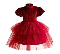 Vestido de tutú chino para niña latina, vestido retro de manga corta de terciopelo rojo, vestido de fiesta, bonito vestido de año nuevo chino, novelas románticas, rojo, 5-6 años