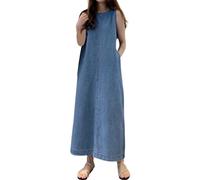 Vestido de Vaqueros Mujer Sexy Sin Mangas Espalda Desnuda con Tirantes de Ajuste Ajustable Largo Vestido Vaqueros Una Línea Fronda Vestido de Playa Mujer Vestido de Vaqueros Verano Casual Amplio