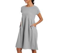 Vestido de verano 2025 para mujer, cuello redondo, casual, manga corta, vestidos de playa con bolsillos, transpirable, tela cómoda, suave, simple, elegante, color liso, temperamento cómodo, plata, 5XL