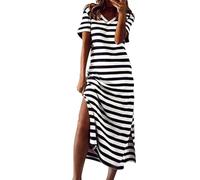 Vestido de Verano a Rayas de Manga Corta con Cuello en V para Mujer, Vestido Camisero básico de algodón en Blanco y Negro, Vestido Largo Holgado con Abertura Lateral para Mujer, Chaleco-Blanco-S