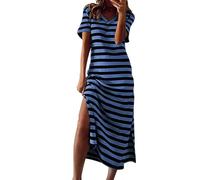 Vestido de Verano a Rayas de Manga Corta con Cuello en V para Mujer, Vestido Camisero básico de algodón en Blanco y Negro, Vestido Largo Suelto con Abertura Lateral para Mujer, Chaleco-Azul-XL