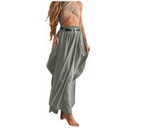Vestido de verano bohemio, hippie, falda gitana para mujer, falda maxi de algodón con bolsillos y cordón, vestido informal para playa, fiesta, vestido de vacaciones, falda de línea A, gris, L
