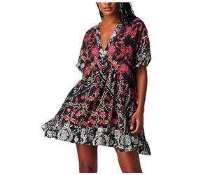 Vestido de verano bohemio para mujer, corto, vestido de domingo, cuello en V, vestido de playa, vestido de flores, vestido vintage de lino, mini vestido de volantes, vestido informal holgado, cubierta