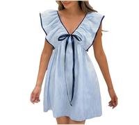 Vestido de verano con cuello en V, manga abombada, a rayas, lindo babydoll con lazo, vestido de manga corta con volantes para mujer, azul, L